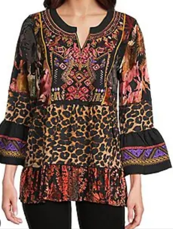 Calessa Tops - Boho Black Multi-Print Bell-Sleeve Tunic